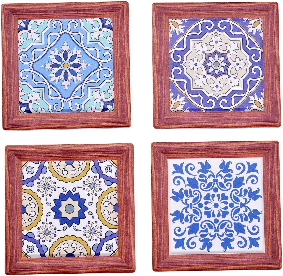 Giftale 4.2" Ceramic Coasters for Drinks, Bohemia Style Square Stoneware Coaster Set with Cork Backing, Set of 4