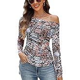 CiCiBird Womens 2025 Fall Off Shoulder Tops Long Sleeve Floral Mesh Shirts Trendy Going Out Outfits