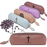 Personalized Rosary Pouch for Rosary Holder Catholic Women's Coin Purses, PU Leather Cross Rosary Case, Custom Name Small Bags for Jewelry, Religious Baptism Christmas Gifts (Style A, Rose Red)