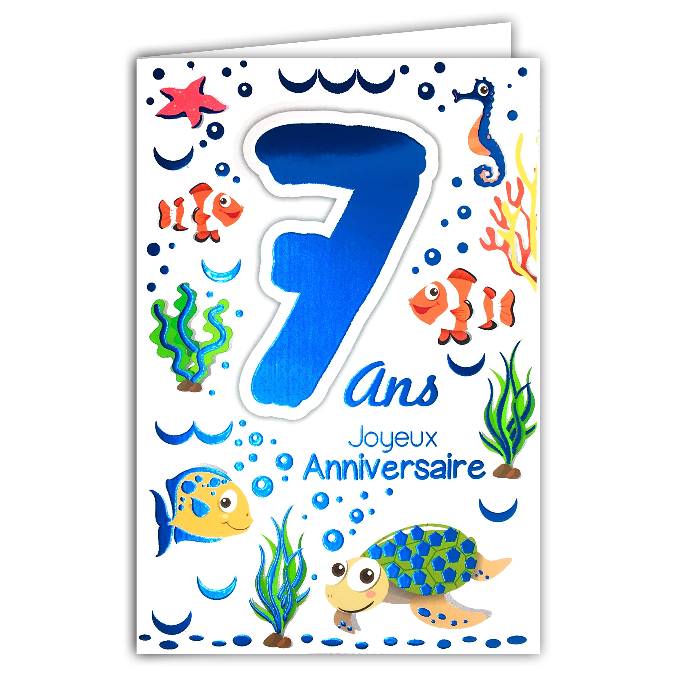 69-2107 Happy Birthday Card 7 Years Child Boy Girl Sea Fish Turtle Seahorse