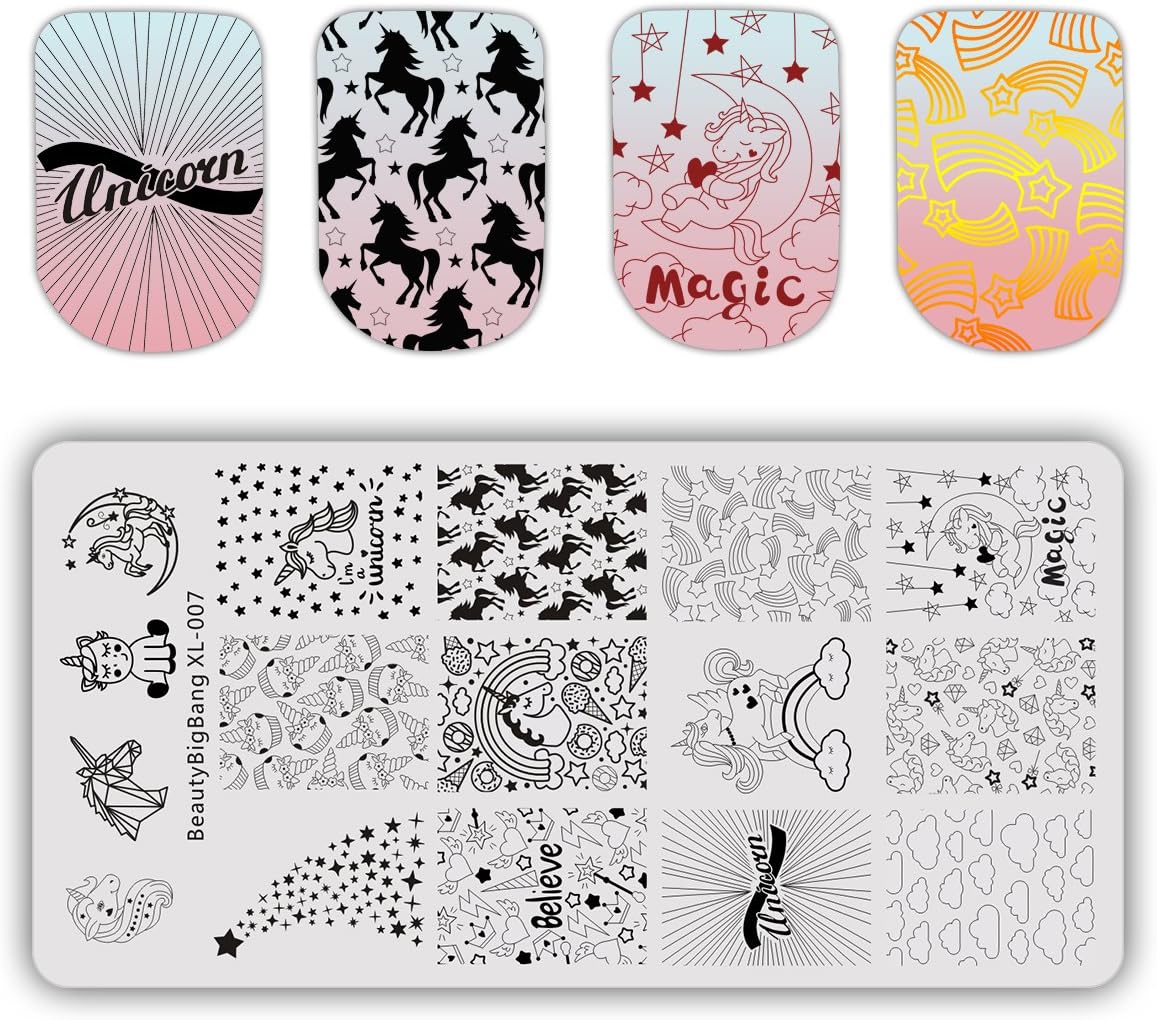 Beautybigbang Nail Stamping Plate Image Templates Magic Unicorn Rainbow Unicorns Nail Art XL-007