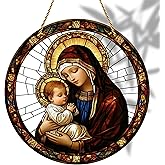 8x8 inch Charming Madonna and Child Acrylic Stained Glass Window Hanging Sun Catcher Decor Stained Panel Hangings Wall Art Decor, for Friends and Family (Madonna and Child)