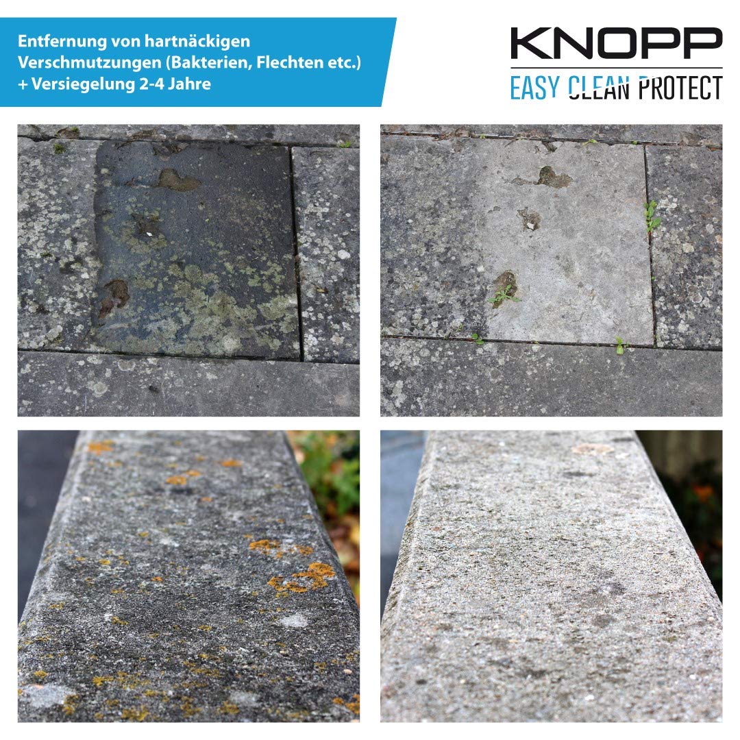 KNOPP Flechtenentferner, Flechtenex, Terrassenreiniger, Pflastersteinreiniger, Waschbetonplattenreiniger, Grünbelagentferner, Algenentferner, Algenvernichter, Steinreiniger; gebrauchsfertig, 1l 5