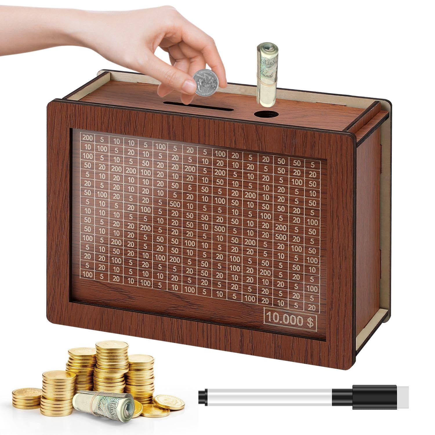 Photo 1 of 10000 Savings Challenge Box, Kakeibo Money Box for Cash Saving, Wooden Piggy Bank for Adults, Money Saving Box 10,000 Dollar, Novel Money Saver Box, Digital Coin Bank (Brown)