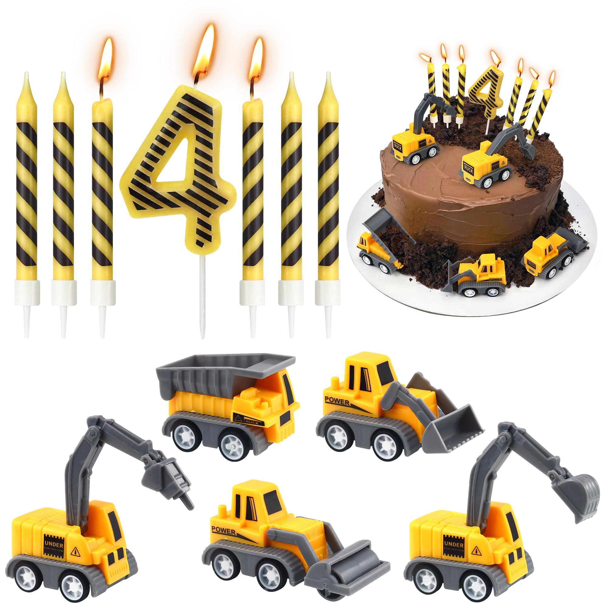 Construction Birthday Candles, 12 Pcs Construction Vehicles Cake Toppers Set with Number 4 Candle Topper and Black Stripes Candle Cake Topper for Birthday Anniversary Party Cake Decorations — image 1