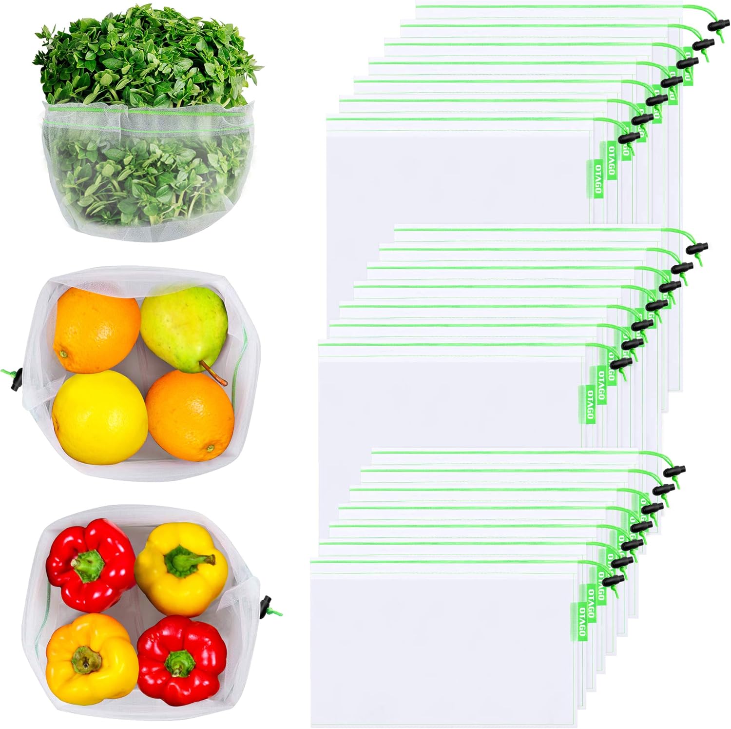 OTAGO 21 Packs Reusable Mesh Produce Bags,Eco-Friendly Washable and See Through with Colorful Drawstring Tare Weight Tags for Shopping,Fruits,Vegetable(3 Sizes-7 Large 7 Medium &7 Small),Green