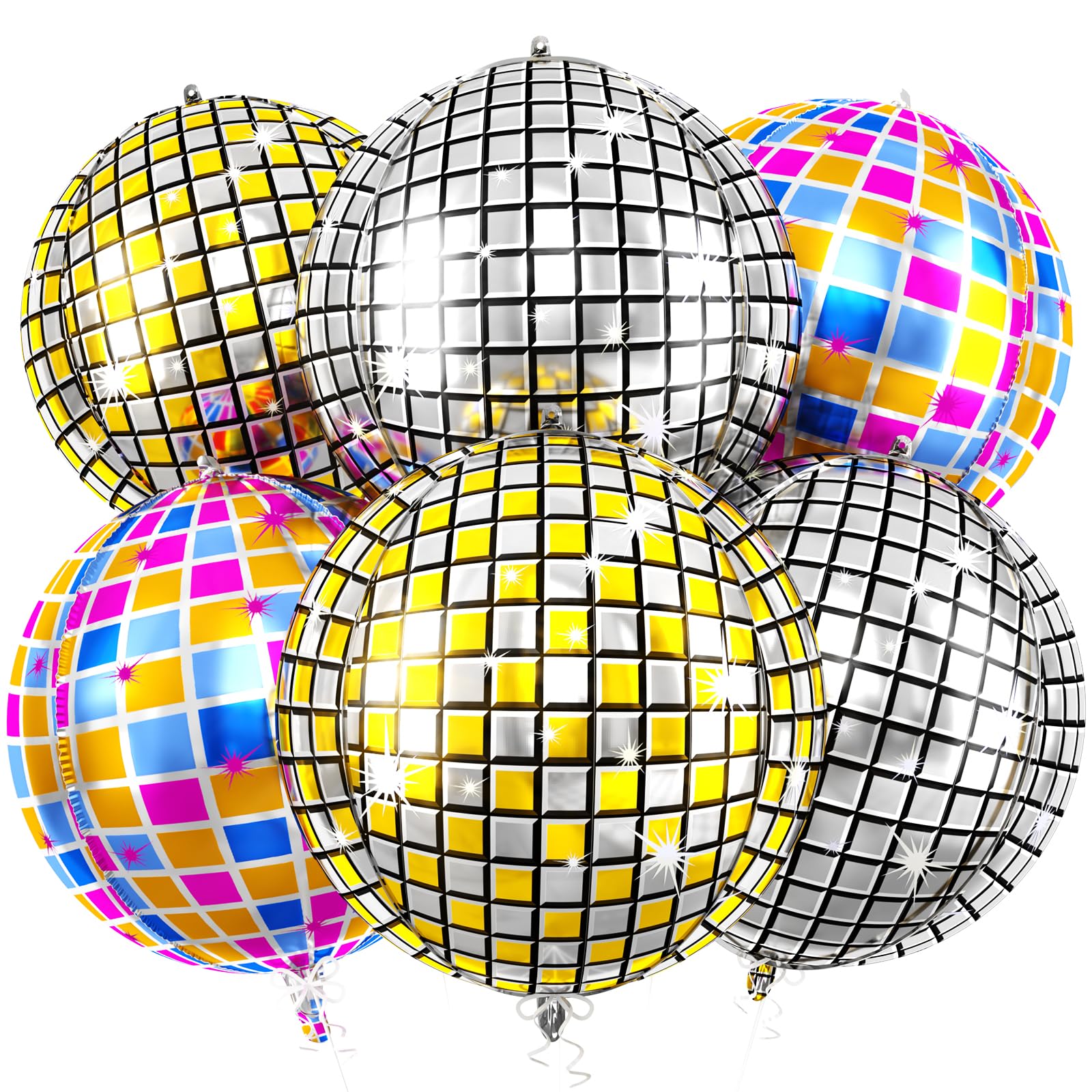 6pcs 22 Inch Gold Disco Ball Balloons, Silver Big Disco Balloons, Purple Multicolor 4d Large Foil Balloon For Birthday Baby Shower 70s 80s 90s Theme Party Wedding Engagement New Year Decorations