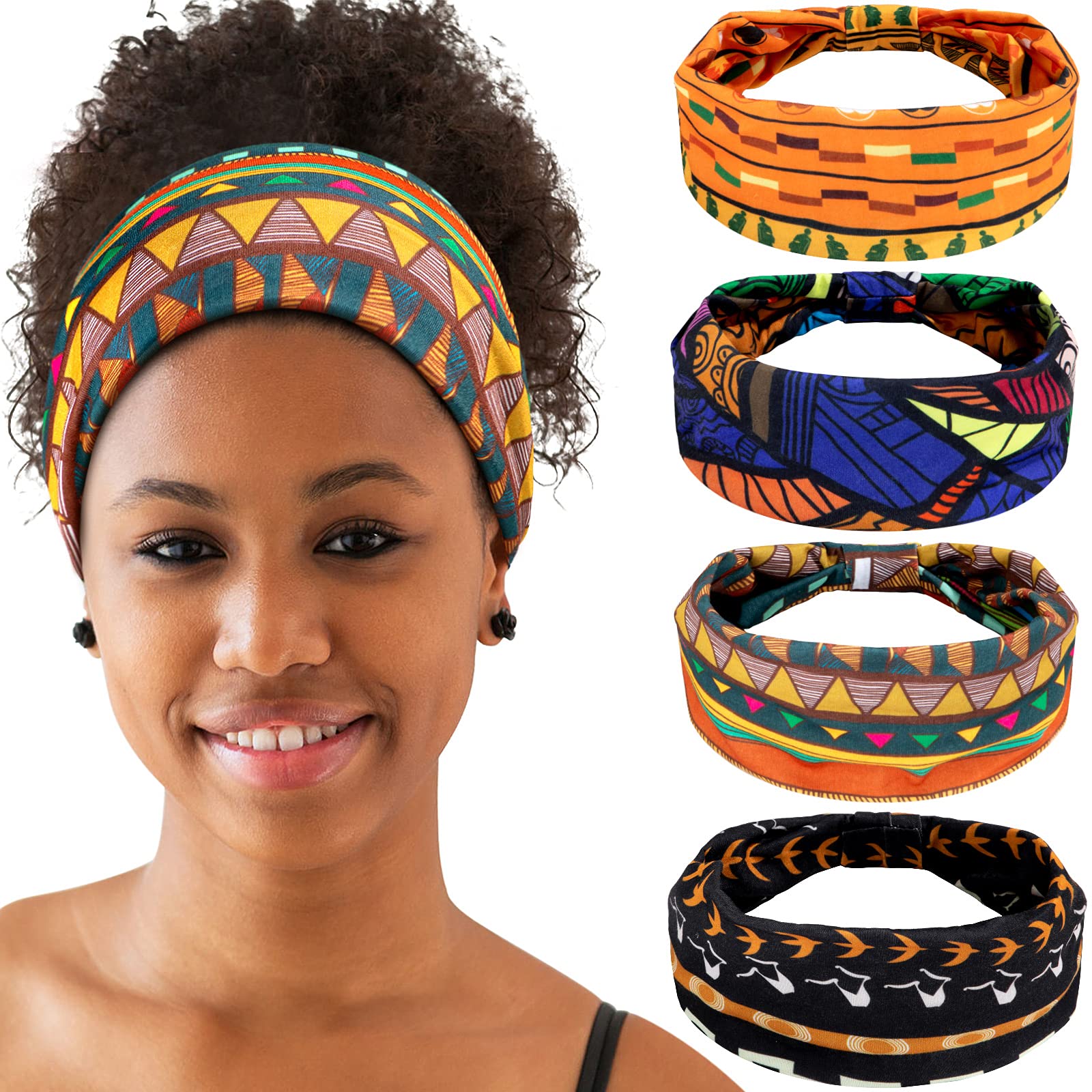 4 Pieces African Headbands Yoga Headband Stretchy Wide Knotted African Hair Band Hair Accessories for Women and Girls (Vintage Series)