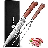 YOTSUBA Carving Knife and Fork Set, Meat Cutting Knife, Razor-Sharp German Stainless Steel Knives Fork Set with Ergonomic Wood Handle, Slicing Knives for Meats, BBQ & Vegetables