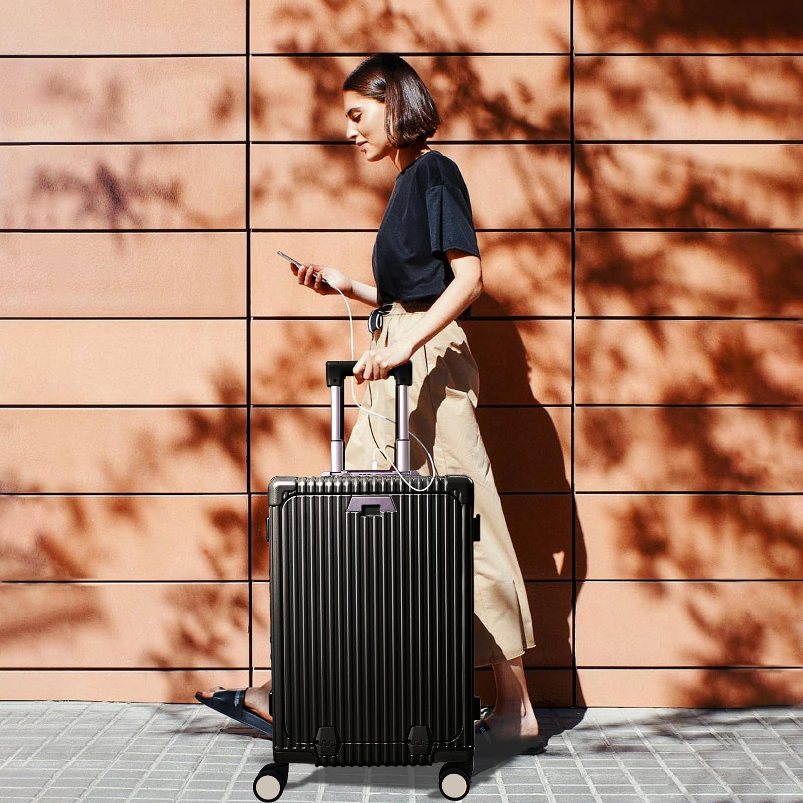 Carry On Luggage with Cup Holder and Usb Port, Aluminum Frame, Front Compartment, TSA Lock, 22x14x9 Airline Approved Hardside Suitcase with Spinner Wheels(Black, 20-lnch)
