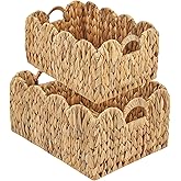 FairyHaus Wicker Basket 2Pack, Handwoven Scalloped Wicker Storage Basket with Handles, Natural Water Hyacinth Wicker Bakests 