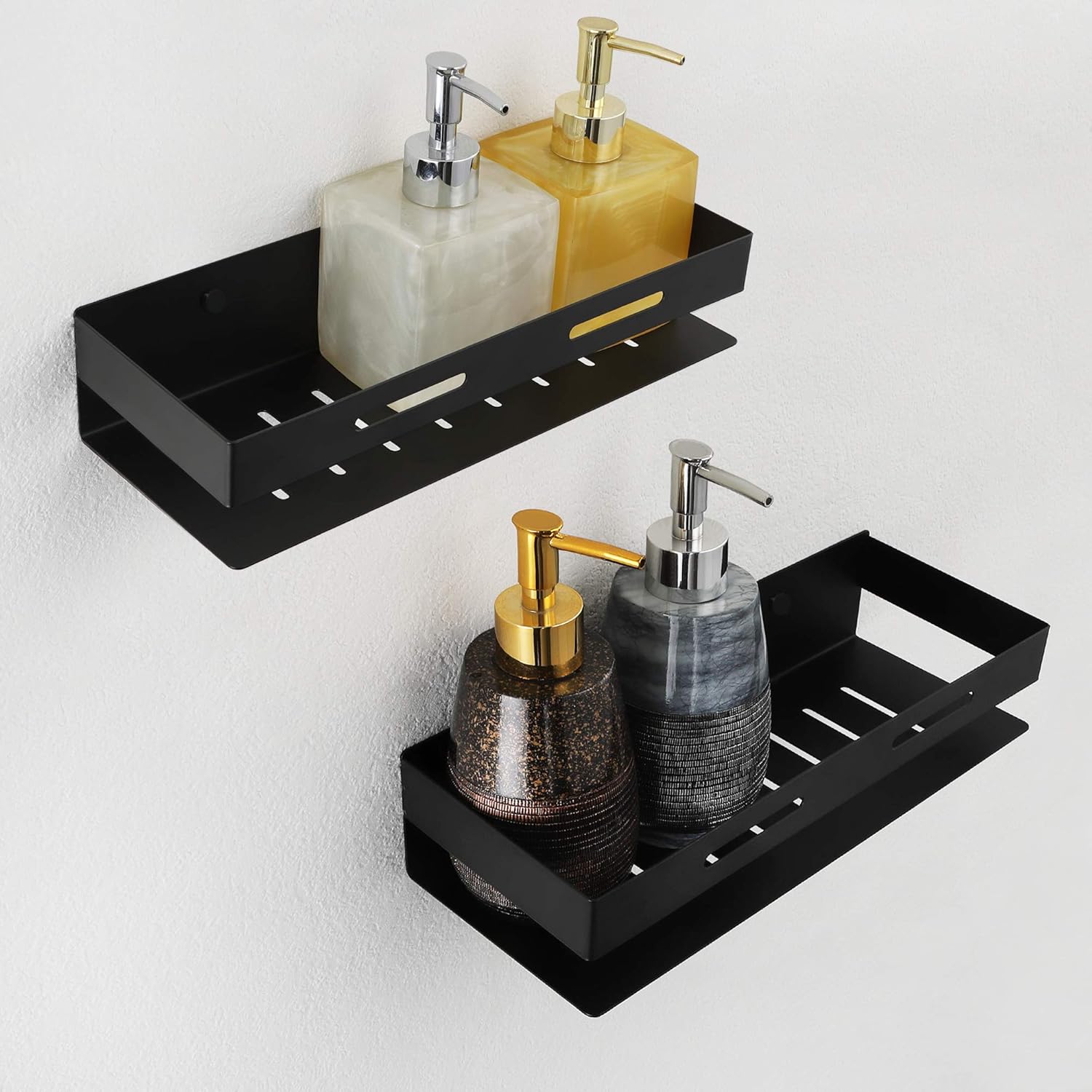 SKOWLL Bathroom Wall Shelves Drill Free with Glue Shower Caddy Wall Mounted No Drill Holes Shower Basket Stain Proofing Modern Style, Matte Black Finished: Kitchen & Dining