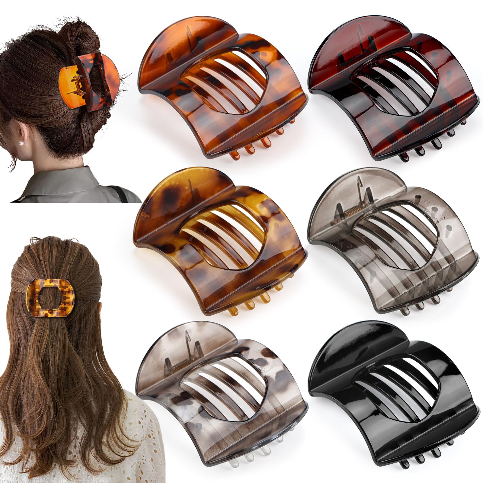 Photo 1 of 6 Pack Large Flat Hair Clips for Women Girls, Strong Hold French Claw Clips for Thin Hair, Minimalist Hair Accessories for Work/Travel (Tortoiseshell)