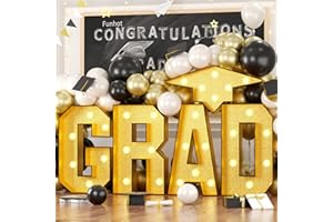 FunHot Marquee Light Up Letters, 3.4 FT Large Grad Light Up Letters, Gold Grad Marquee Letter with Lights Mosaic Frame Letter Pre-Cut Cardboard Hat for Anniversary Graduation Decorations Class of 2025
