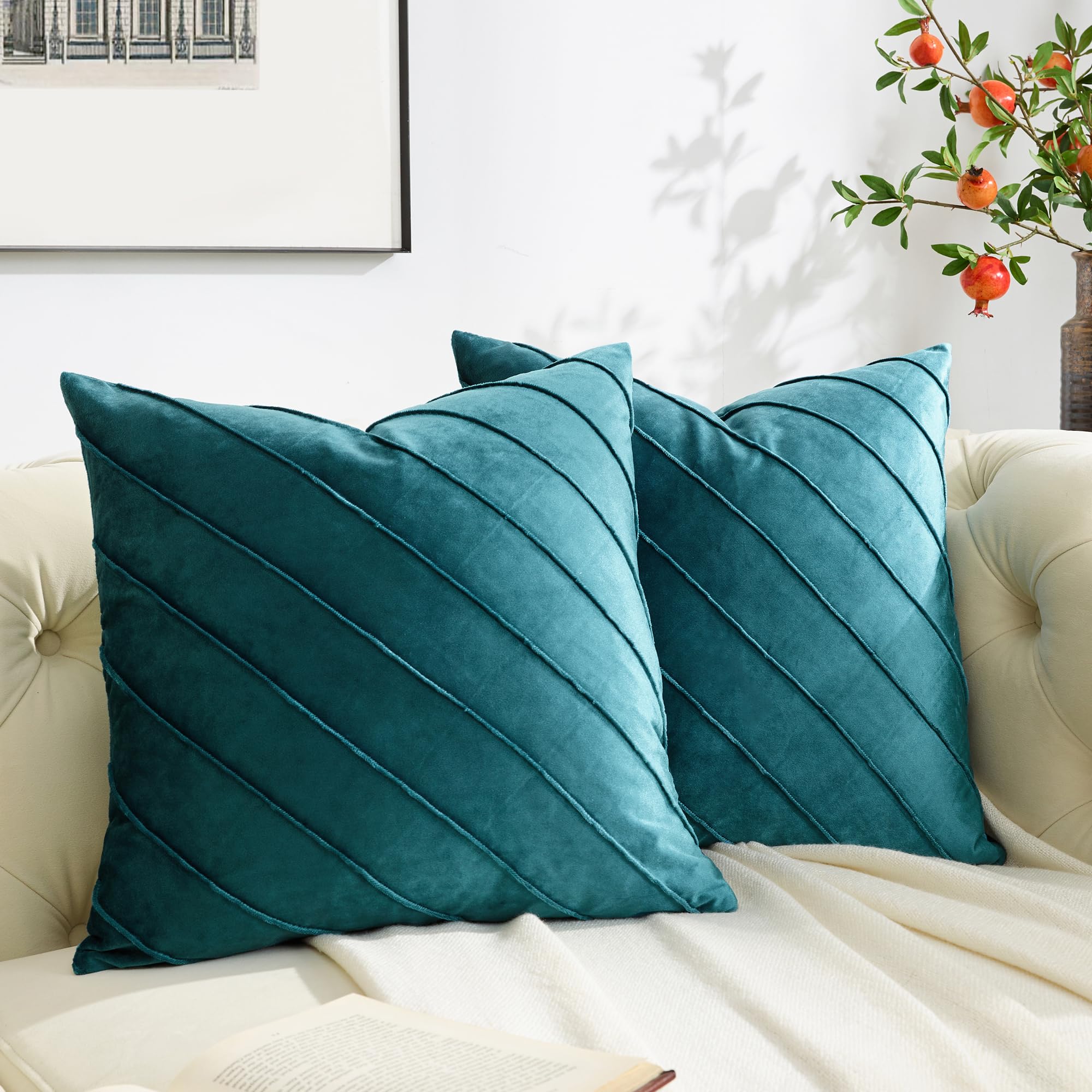 Photo 1 of GIGIZAZA Decorative Velvet Pillow Covers 16x16, Set of 2 Teal Green Sofa Couch Throw Pillows Covers Cases, Living Room Square Cushion Accent Stripe Covers