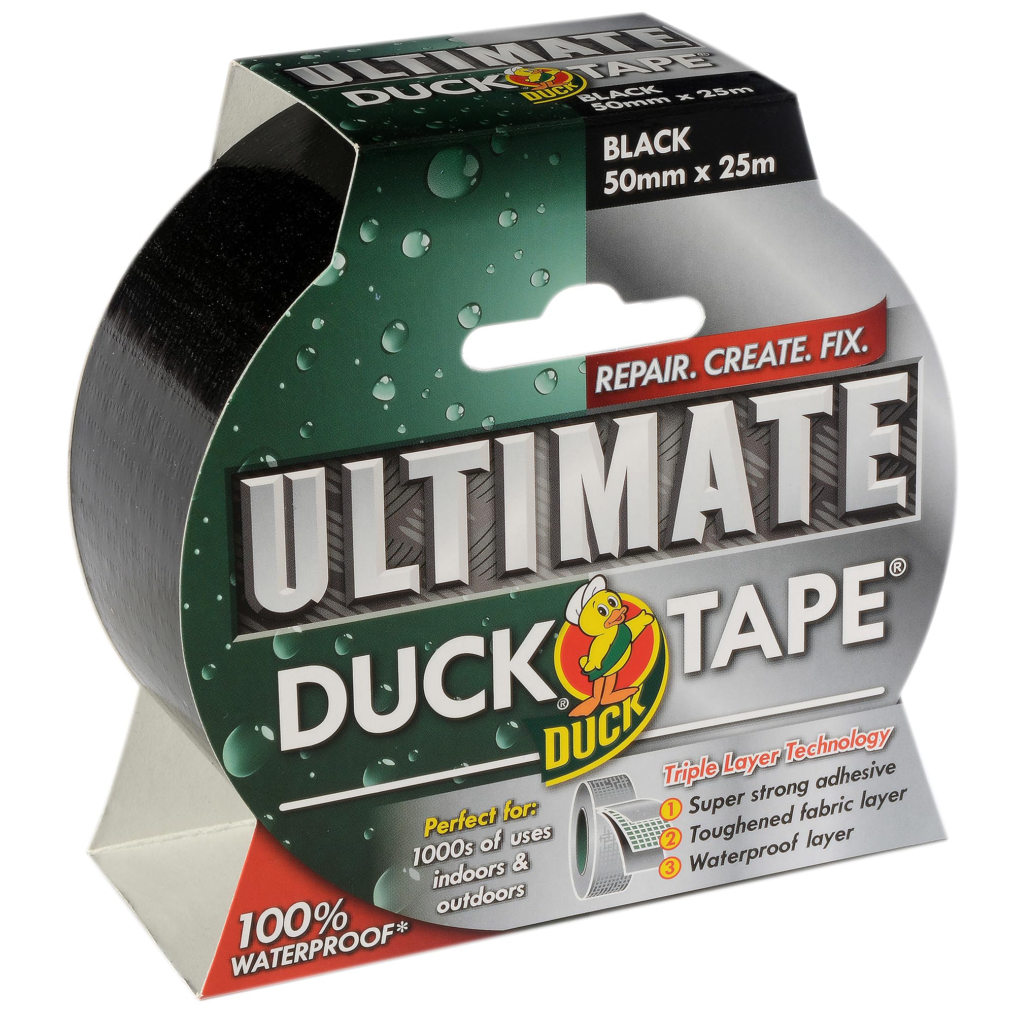 Duck Tape Ultimate Cloth Tape Black 50mm x 25m, The Ultimate High Strength Waterproof Gaffer and Duct Adhesive Cloth Repair Tape