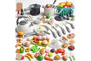 Funpynani 130Pcs Kitchen Playset, Toddler Pretend Cooking Play Pots, Pans, Utensils Cookware, Daily Food Fruit Veges, Shoppin