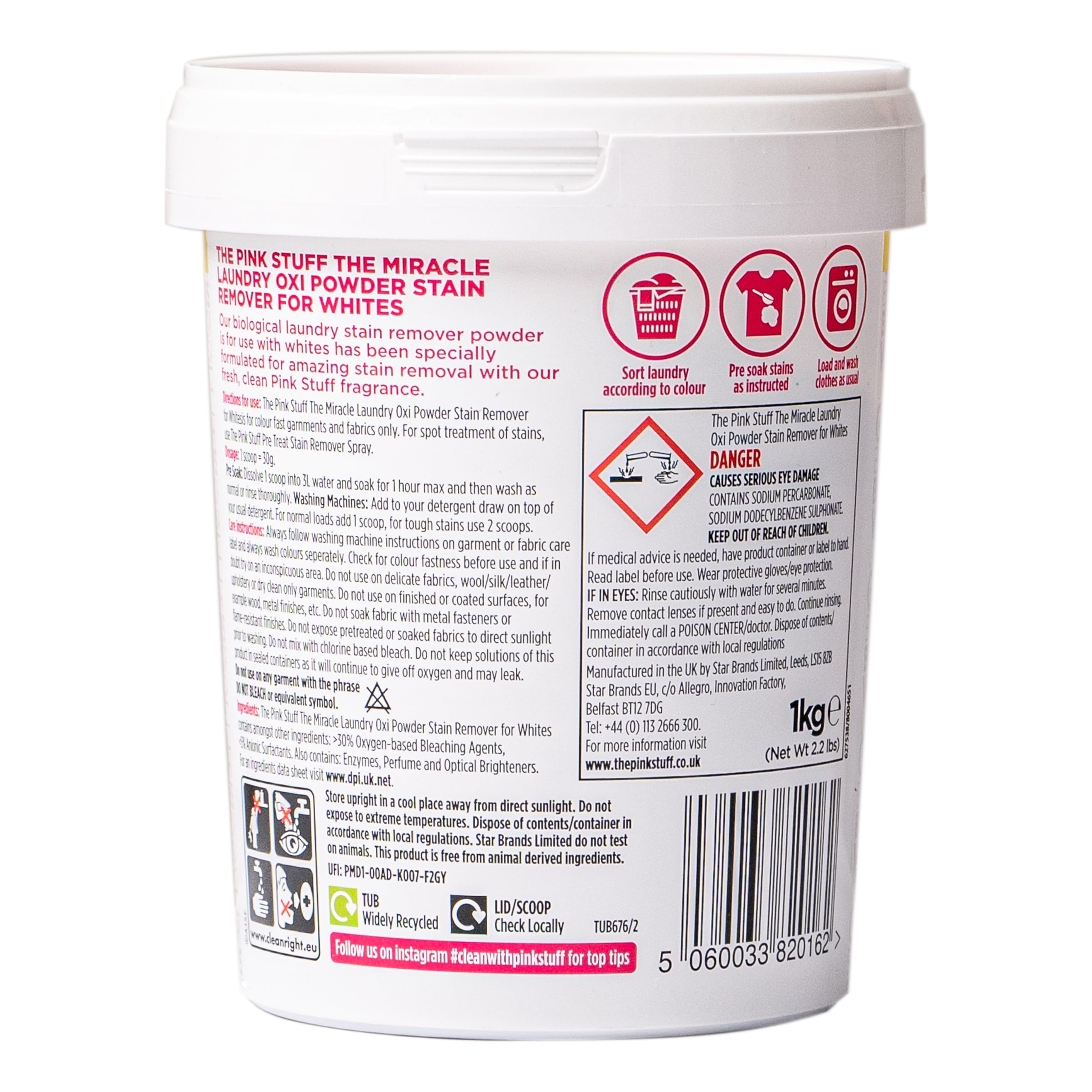 Stardrops - The Pink Stuff - The Miracle Laundry Oxi Powder Stain Remover Specifically Formulated for Whites, 1 kg