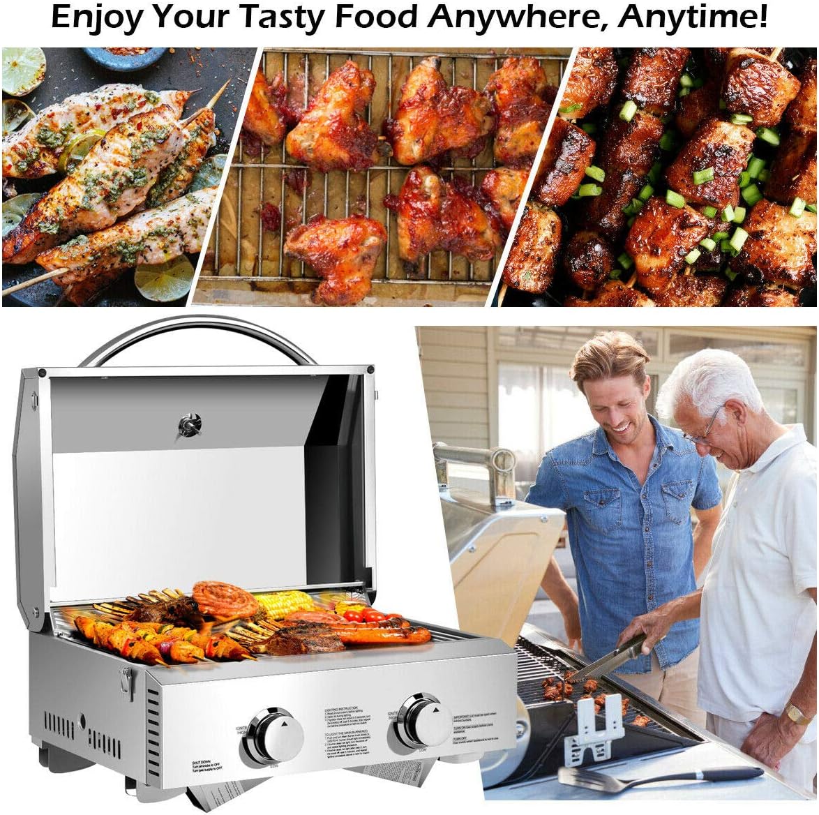 review Giantex Propane Tabletop Gas Grill Stainless Steel Two-Burner BBQ, with Foldable Leg, 20000 BTU, Perfect for Camping, Picnics or Any Outdoor Use, 22” x 18” x 15”, Silver