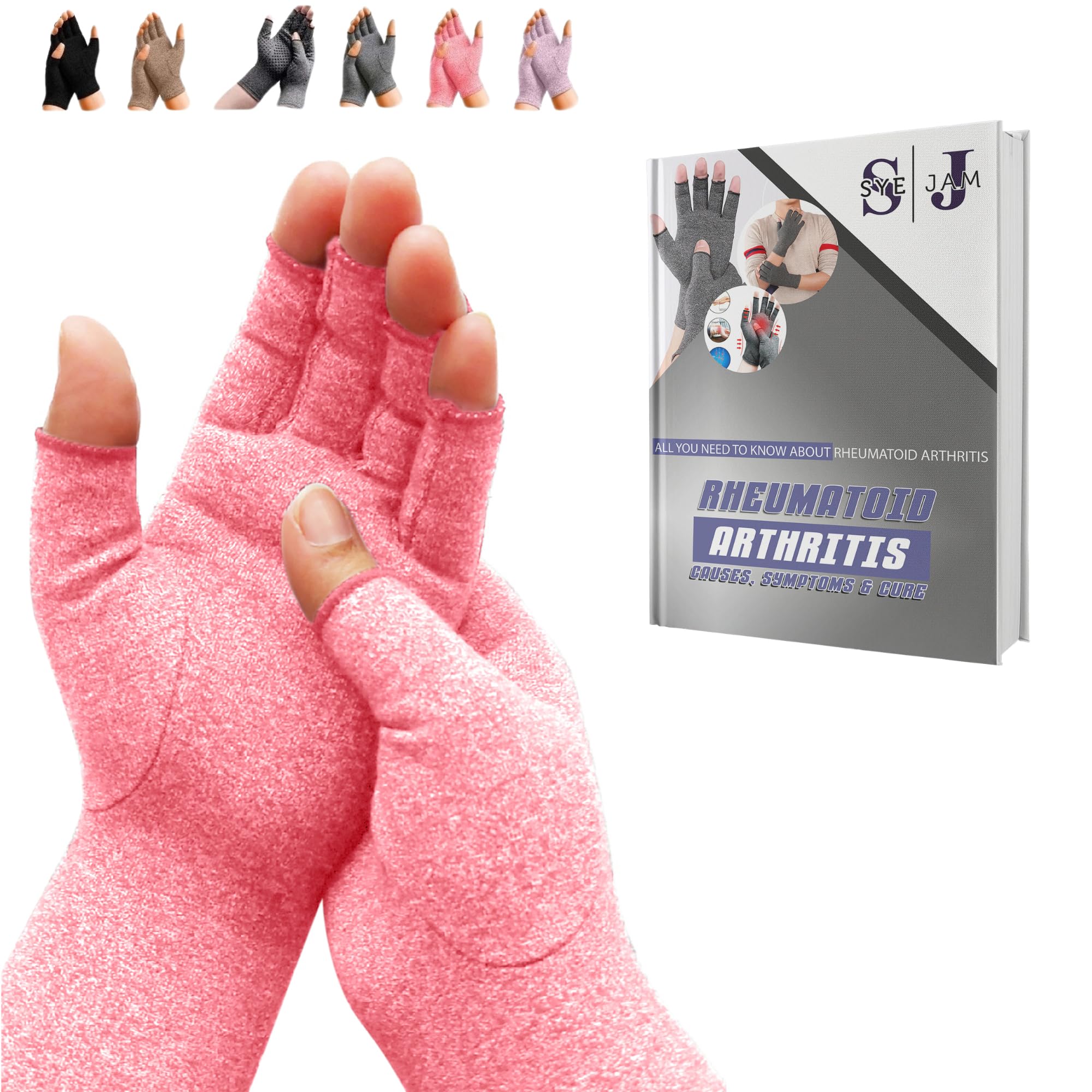 SyeJam Arthritis Gloves Fingerless- Rheumatoid Arthritis Compression Gloves for Pain Relief - Pink (M) 1 Pair