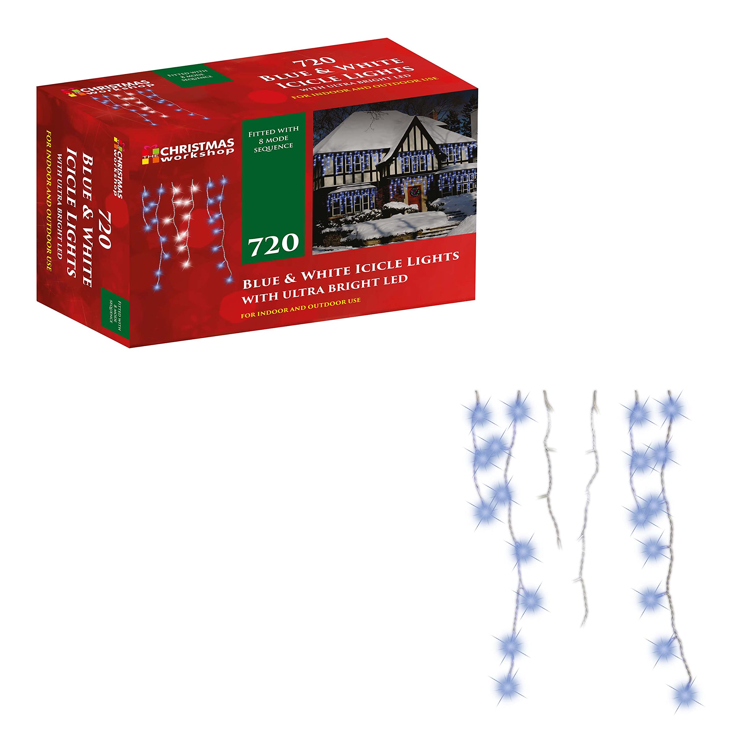 Christmas Workshop 77550 720 Icicle LED Outdoor Christmas Lights / 17.1 Metres / Blue & White Colour / Indoor & Outdoor Fairy Lights / Weddings & Gardens / 8 Functions / Mains Powered — image 1