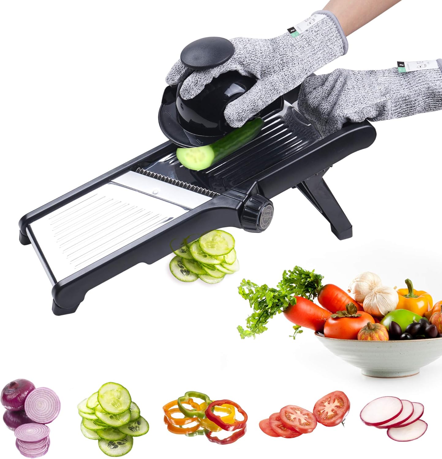 Mandoline Slicer for Food and Vegetables, Adjustable Kitchen Slicer Veggie Cutter for Potato Onion Tomato and Salad, French Fry Cutter, Vegetable Chopper with Gloves Brush
