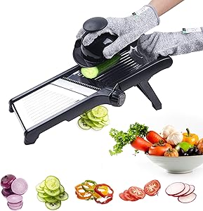 Mandoline Slicer for Food and Vegetables, Adjustable Kitchen Slicer Veggie Cutter for Potato Onion Tomato and Salad, French Fry Cutter, Vegetable Chopper with Gloves Brush