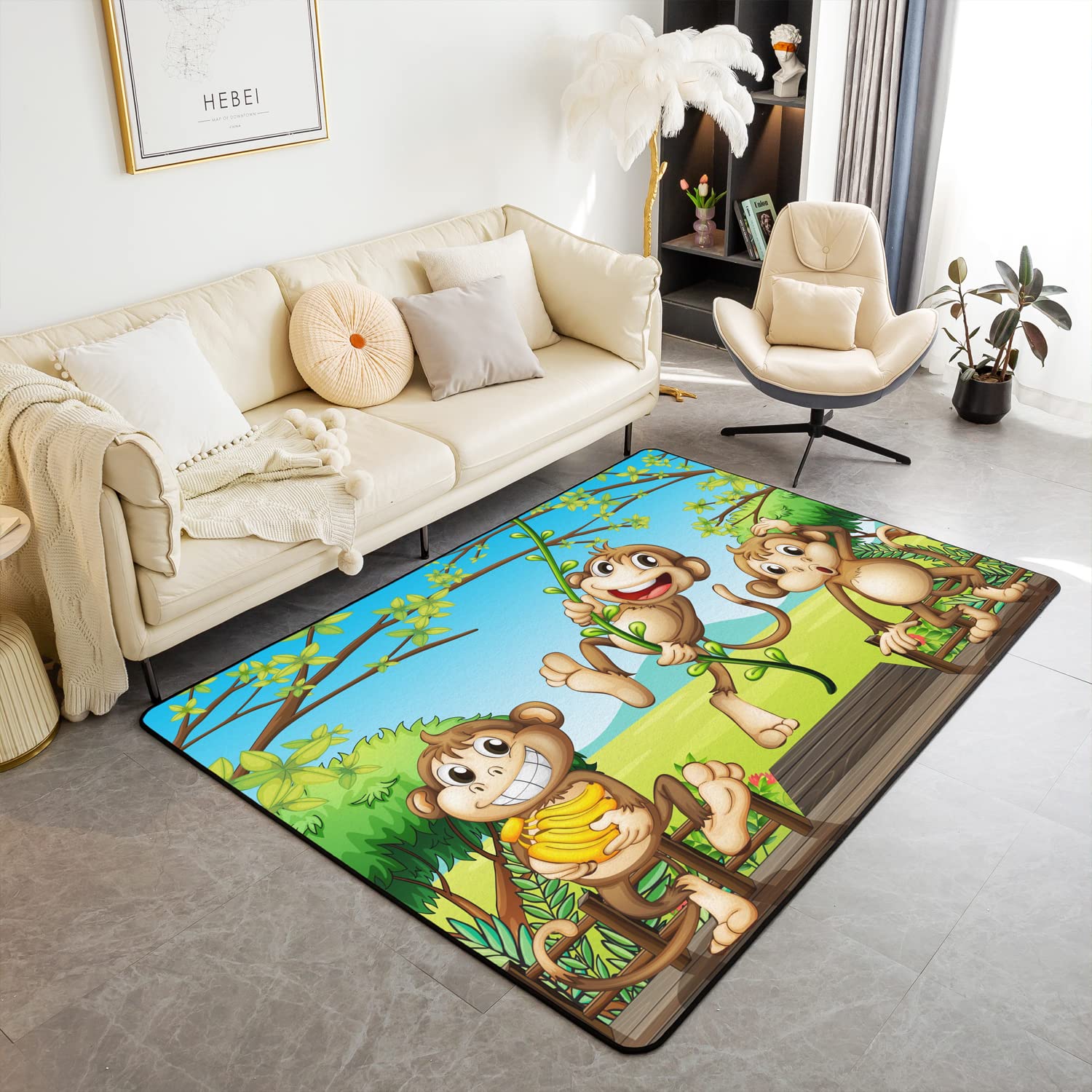 Homemissing Monkey Area Rug Cartoon Animal Pattern Rugs for Living Room Bedroom Cute Monkey Print Botanical Branches Green Brown Decorative Rug 150 * 200cm