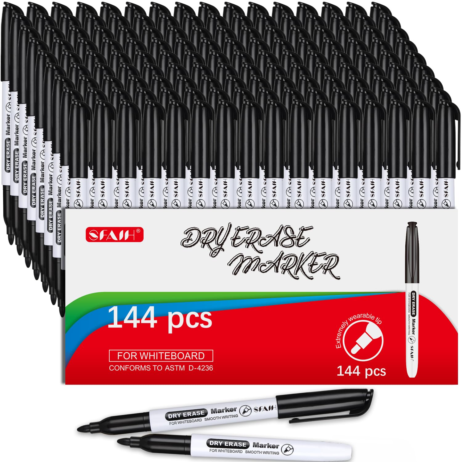 SFAIH Fine Tip Dry Erase Markers - 144 Pack Black Whiteboard Markers for Large Facilities, Low-Odor White Board Markers Bulk Institutional Pack, Non-Toxic Easy Clean Image SFAIH Fine Tip Dry Erase Markers - 144 Pack Black Whiteboard Markers for Large Facilities, Low-Odor White Board Markers Bulk Institutional Pack, Non-Toxic Easy Clean Image