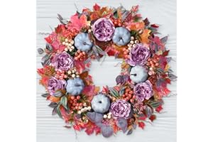 YASTOUAY Fall Wreath - Fall Wreaths for Front Door Outside, 20" Autumn Wreath with Silk Peony Maple Leaf & Pumpkin, Handcrafted Fall Wreath with Lights for Front Door Home Thanksgiving Inside Outside Decor