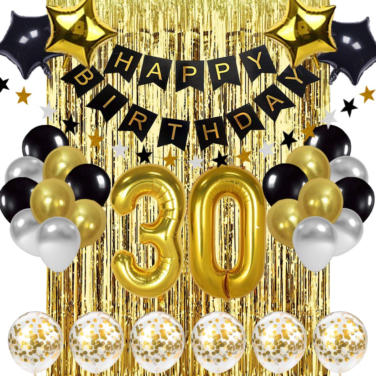 Photo 1 of Black and Gold 30th Birthday Decorations Banner Balloon, Number Foil 30 Balloon, 30 Years Old Birthday Decoration Supplies