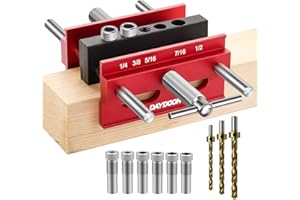 DAYDOOR 6.7'' Self Centering Doweling Jig, Wide Capacity Dowel Jig for Straight Holes, Adjustable Width Centering Jig with 6 Bushings and 3 Drill Bits(Red)