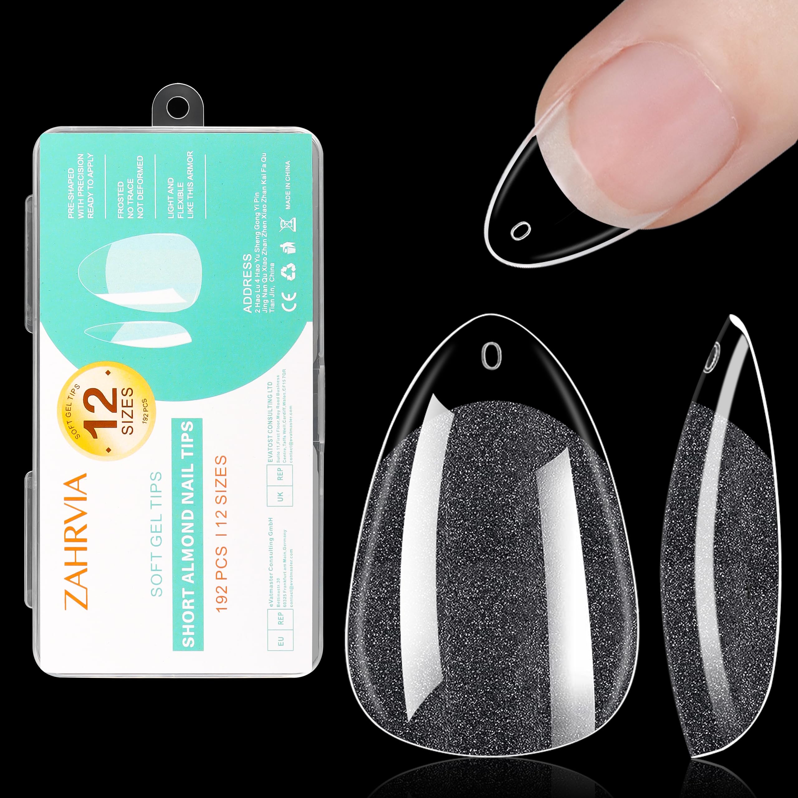 Short Almond Nail Tips - Clear Nail Tips, ZAHRVIA Soft Gel Full Cover for Soak Off Nails Extensions Kit - 192PCS False Nails Acrylic12 Sizes (Short Almond) — image 1