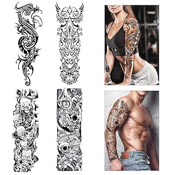 Full Arm Temporare Tattoos Konsait Extra Temporar Tatowierung Schwarz Klebe Tattoo Aufkleber Fake Arm Tattoos Sticker Fur Manner Frauen Drachen Schadel 4 Blatter Amazon De Beauty