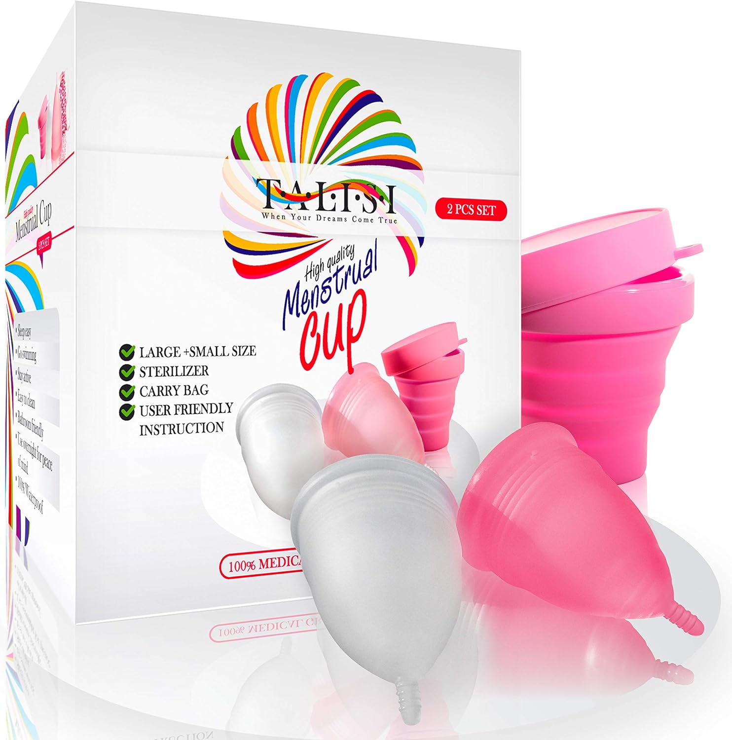 Talisi Reusable Menstrual Cups Set of 2 with Collapsible Silicone Foldable Sterilizing Cup - Tampon and Pad Alternative - Menstruation Feminine Period Cup for Regular and Heavy Flow with Sterilizer: Health & Personal Care
