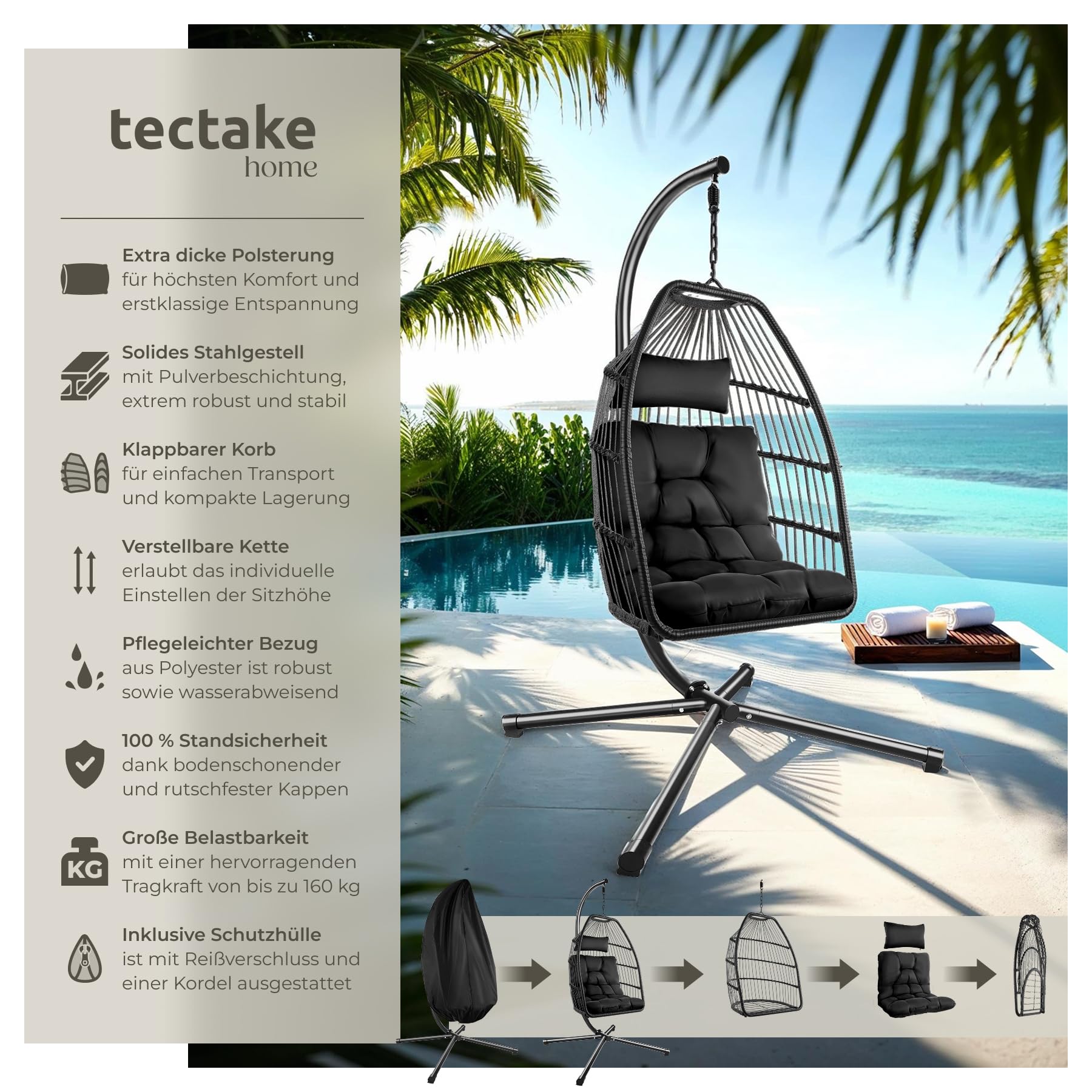 tectake® Hängesessel mit Gestell, Dicke Kissen, Möbel, Deko für Wohnzimmer, Jugendzimmer, Balkon, Outdoor oder Indoor Schaukel Sessel, Kinder & Erwachsene, belastbar bis 160kg - schwarz 2