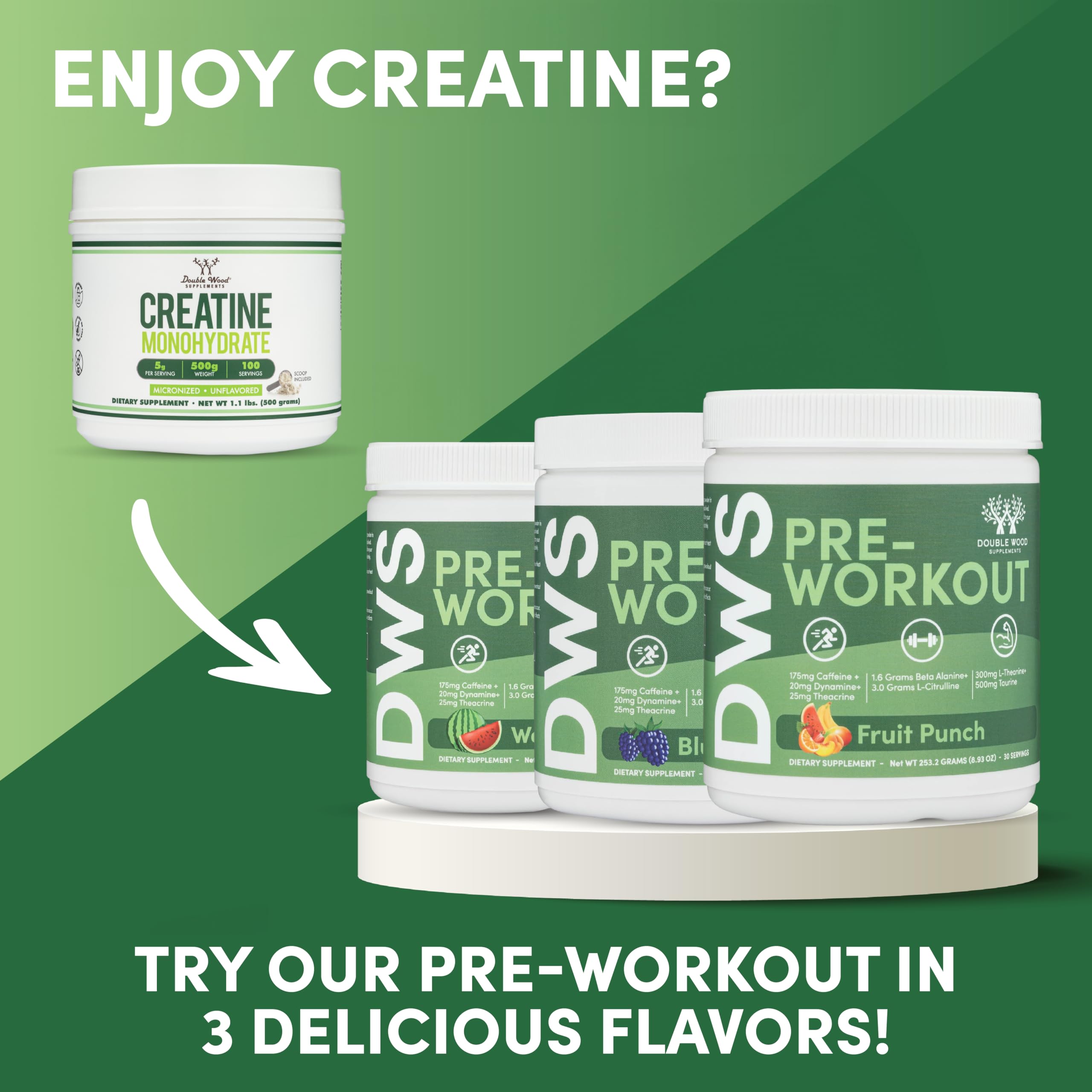 Creatine Monohydrate Powder 1.1lbs (100 Servings of 5 Grams Each) - No Fillers, Vegan Safe, Non-GMO, Gluten Free by Double Wood