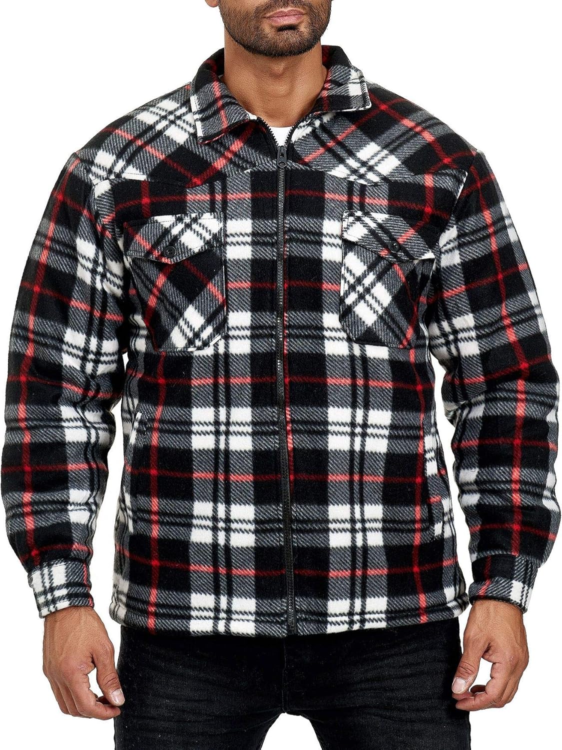 Chemise Polaire Carreaux en Flanelle Homme Veste Thermique, Couleurs:Noir-Rouge, Taille de Veste 