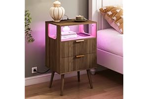 JOONEE Nightstand with Charging Station and LED Lights,Modern Bedside Table with 2 Storage Drawer and Open Wood Shelf, for Bedroom and Small Spaces,Night Stand with Solid Wood Legs,Walnut Brown