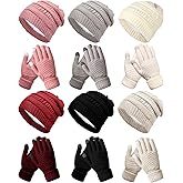 Toulite 12 Pcs Winter Warm Knitted Beanie Hats and Gloves Bulk for Women Slouchy Beanie Hat Women Thick Hat and Glove Set Soft Women's Cable Knit Beanie Skiing Beanies Knit Touchscreen Gloves