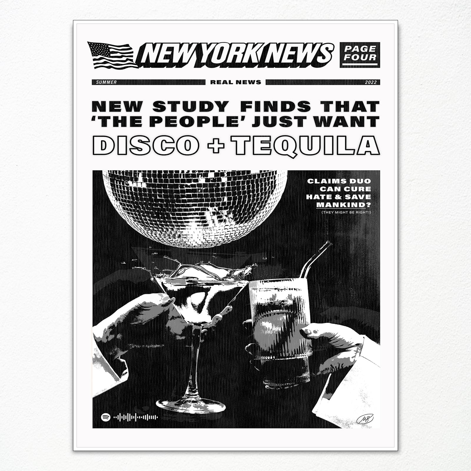 Cute Vintage Disco Headline Poster Prints Funny Black and White New York News Canvas Wall Art Humor Quotes Poster Trendy Retro Music Party Wall Decor for Living Room Bar Cart 12x16in Unframed