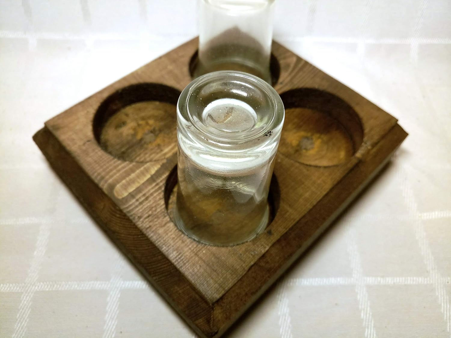 Shot glass rustic wood serving tray flight holder. Set up
