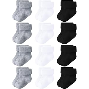 LO SHOKIM Newborn Socks 0-3 Months Baby Turn Cuff Infant Crew Socks 12 Pairs