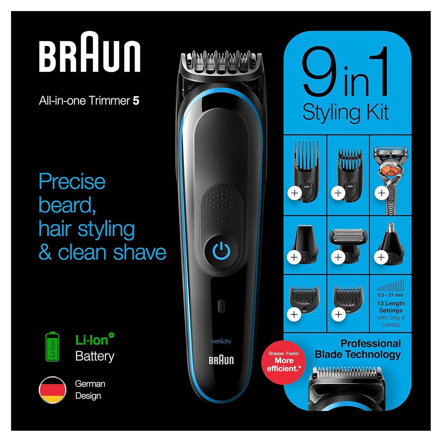 Braun 9in1 Mens Beard Trimmer, Body Grooming Kit & Hair Clipper