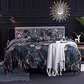 CoutureBridal Green Floral Duvet Cover Set King 3 Pieces Soft Microfiber Bedding Duvet Cover with Pink Flower Leaves Bird Pattern Reversible Striped Bedding Set Zipper Ties