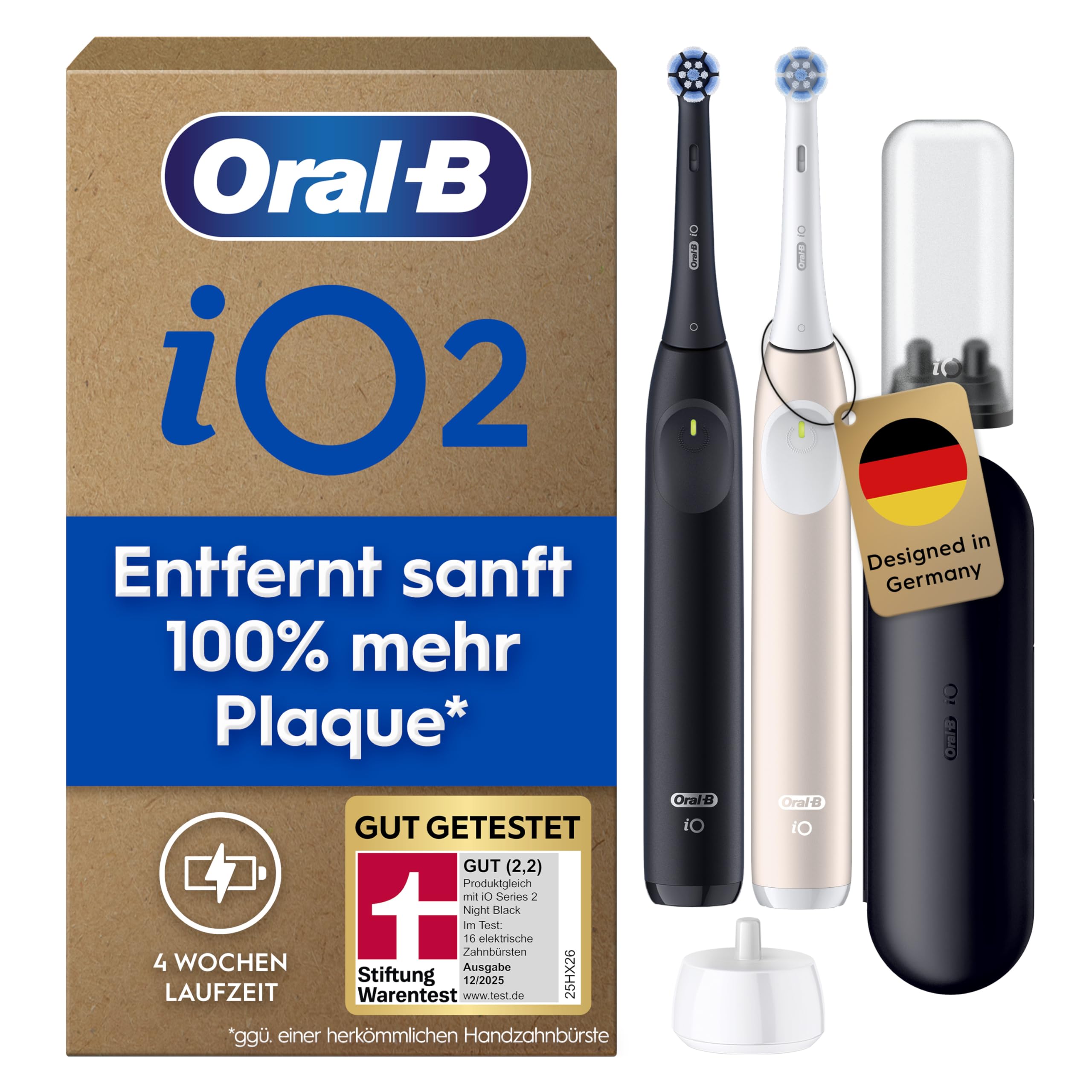 Oral-B iO Series 2 Elektrische Zahnbürste — Doppelpack — Electric Toothbrush, Inkl. 2 Aufsteckbürsten, Reise-Etui — 3 Putzmodi für Zahnpflege, GUT GETESTET (2,2) von STIFTUNG WARENTEST, Schwarz, Pink
