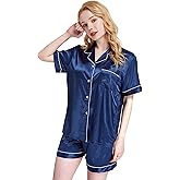 TONY AND CANDICE Women's Satin Sleepwear Short Sleeve Pajamas Set Button Down Nightwear
