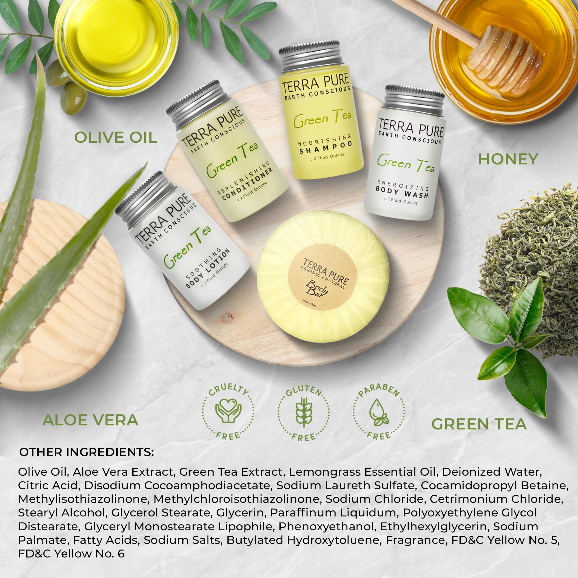 Terra Pure Green Tea Amenity Kit | Boxed Hotel Bulk Toiletries | 1 oz Shampoo, Conditioner, Lotion, Body Wash, Body Bar Soap for Guest Hospitality Vacation Rentals | 1 Set/Case