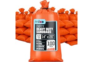 MILOO Orange Sand Bags for Flooding - Heavy Duty 50 lb Empty Sandbags with Tie Strings for Flood Control - 1600 Hours of UV Protection Woven Polypropylene Bags - 14 x 26 Inches each - Bulk Pack of 100