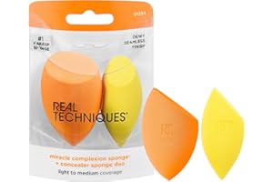 Real Techniques Miracle Complexion Sponge + Concealer Sponge Duo, Makeup Blending Sponges For Foundation & Concealer, Offers Light To Medium Coverage, Natural, Dewy Makeup, Latex-Free Foam 2 Count
